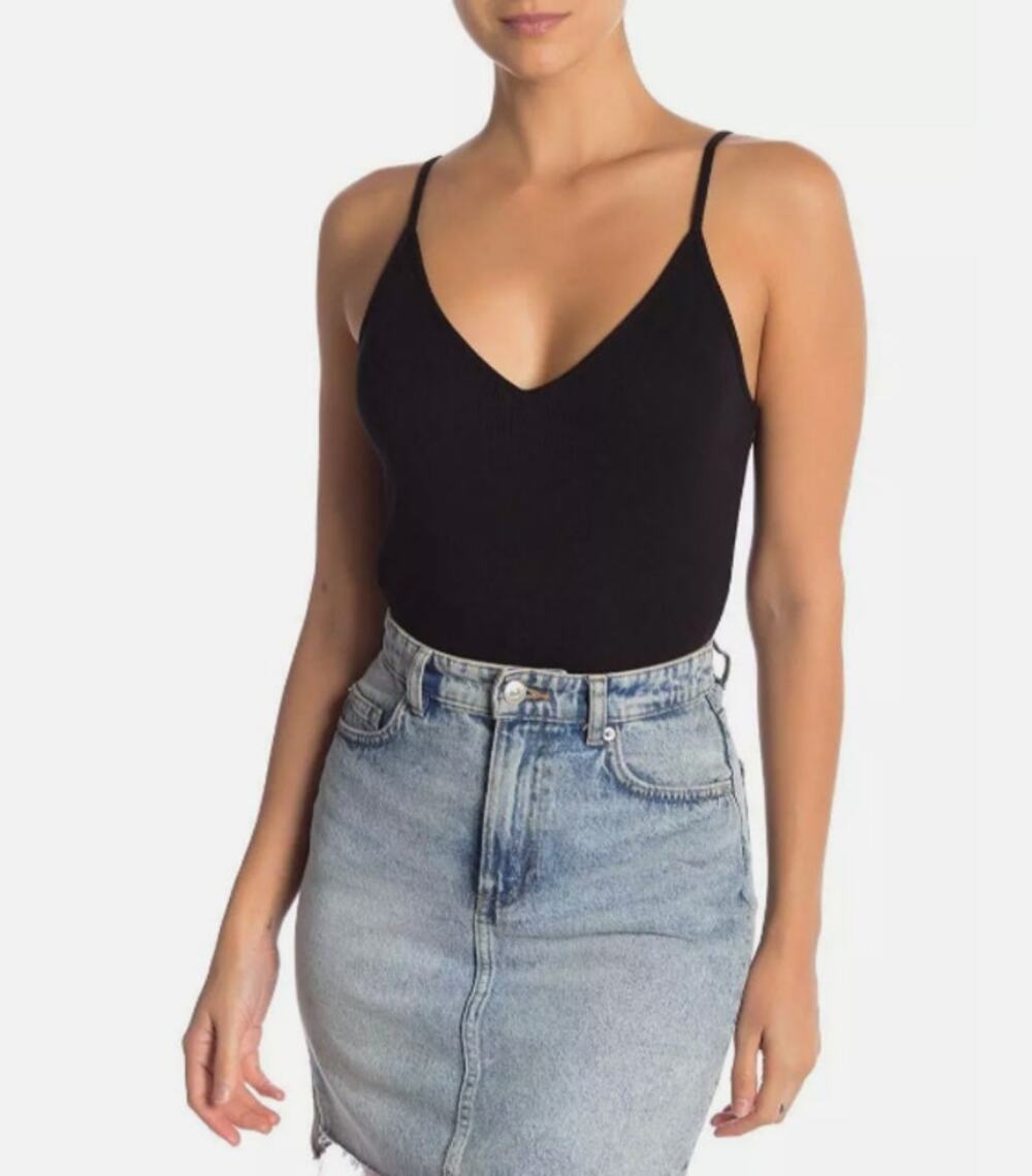 BP. NWT Cozy Ribbed Wrap Bodysuit Sleeveless V-Neck Knit Black Size SMALL